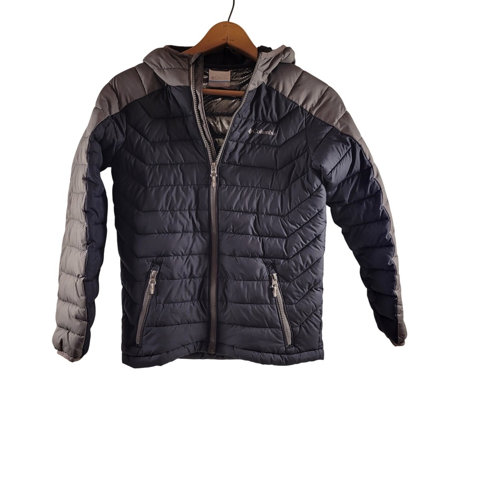 Columbia Puffer Jacket Kids Size M 10/12 Black Grey Good Omni-Heat Hooded Coat